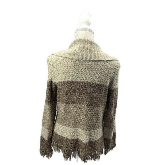 Color Block Turned Down Collar Fringed Cardigan Sweater Button Front Tan Brown S - Picture 6 of 8